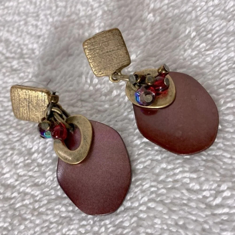 Vintage  Handmade Burgundy Gold Dangly Pierced Earrings